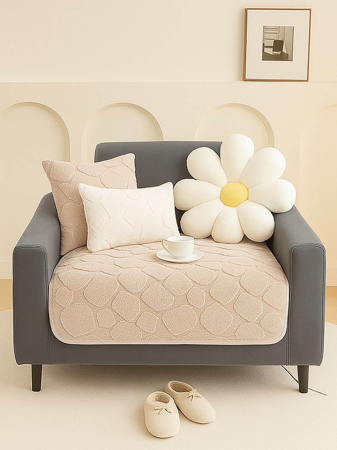DREAM CARE Beige & Beige 1 Piece Sofa Cover