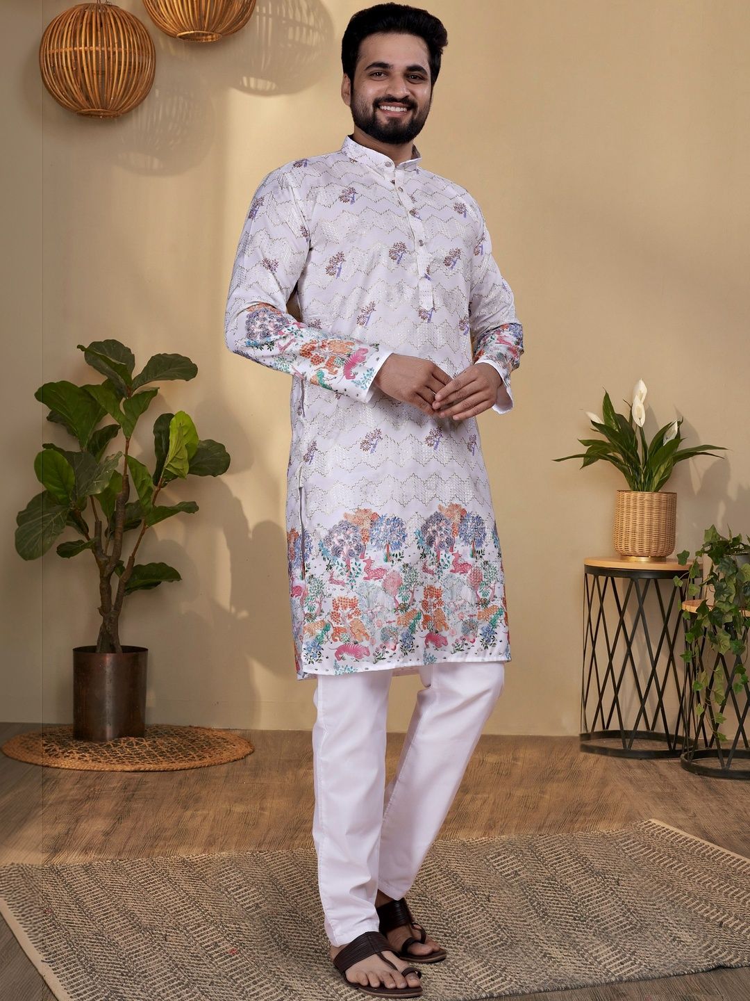 KURTA WALLAH Men Geometric Printed Thread Work Floral Kurta