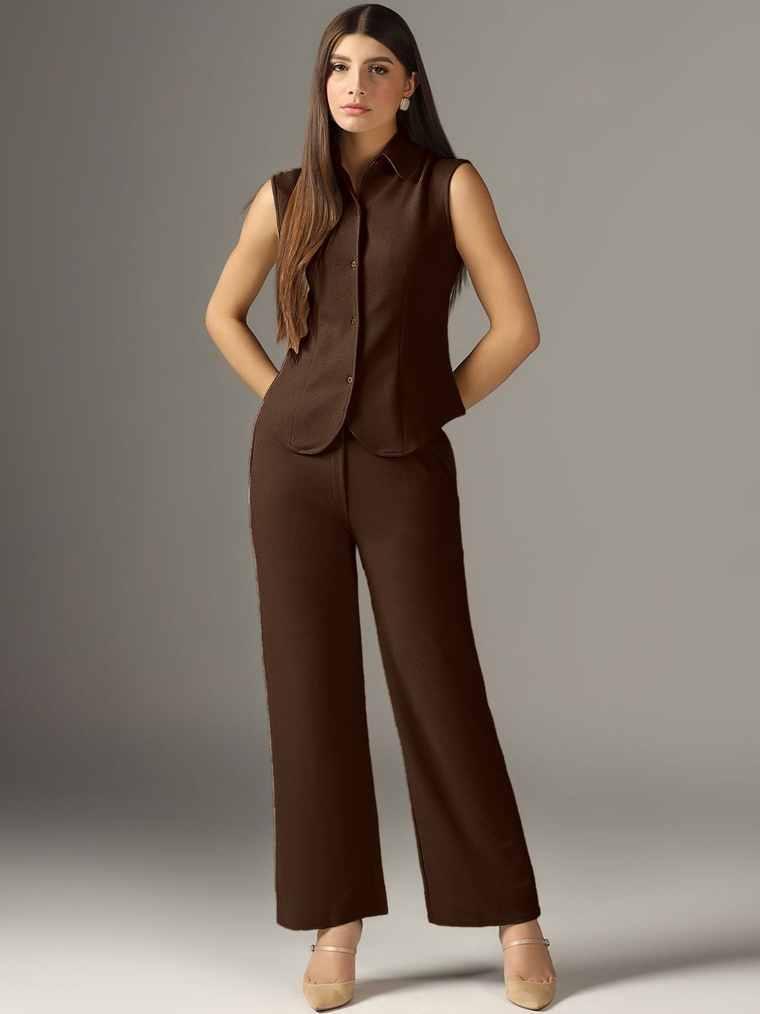 Selvia Edge Selvia Brown Solid Shirt Collar Top & Trousers Co-Ords