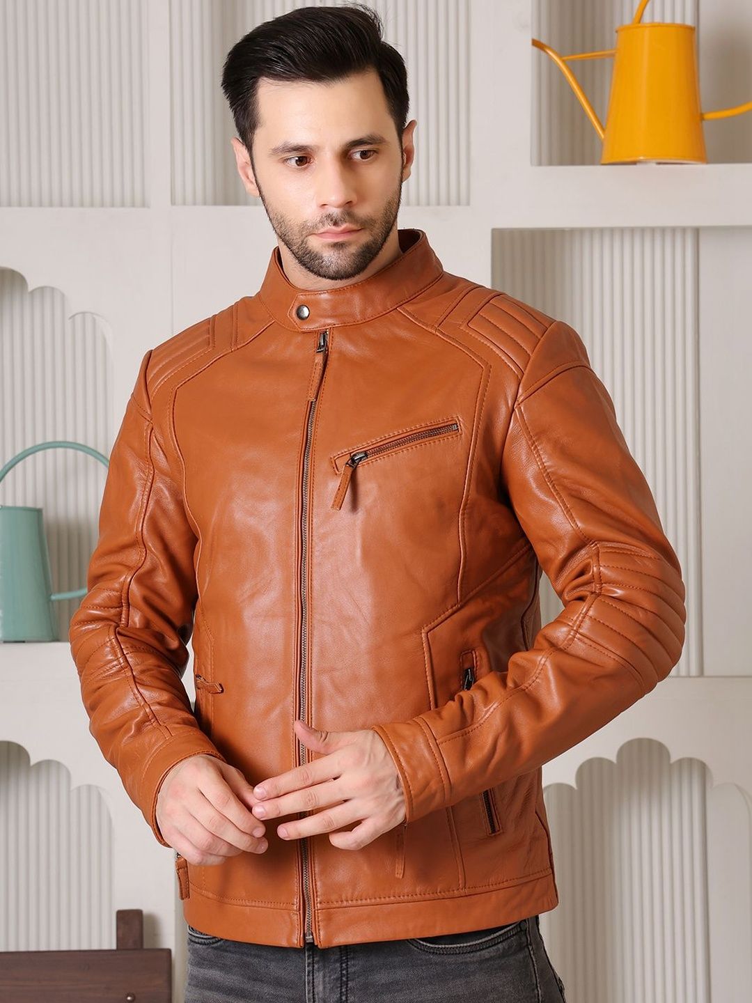 COOL EQUAL Men Leather Water Resistant e-Dry Technology Biker Jacket