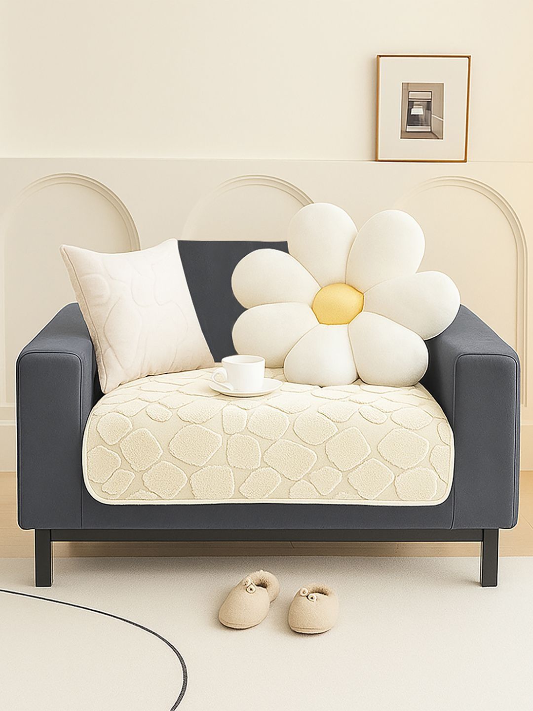 DREAM CARE Cream-Coloured & Cream-Coloured 1 Piece Sofa Cover