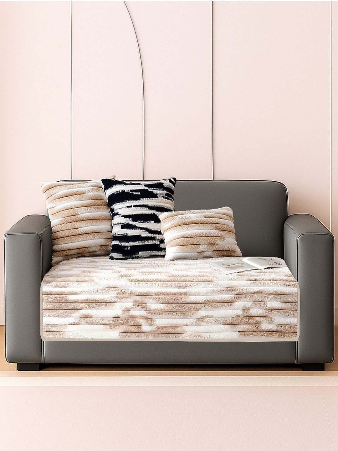 DREAM CARE Beige & Beige Printed 1 Piece Sofa Cover
