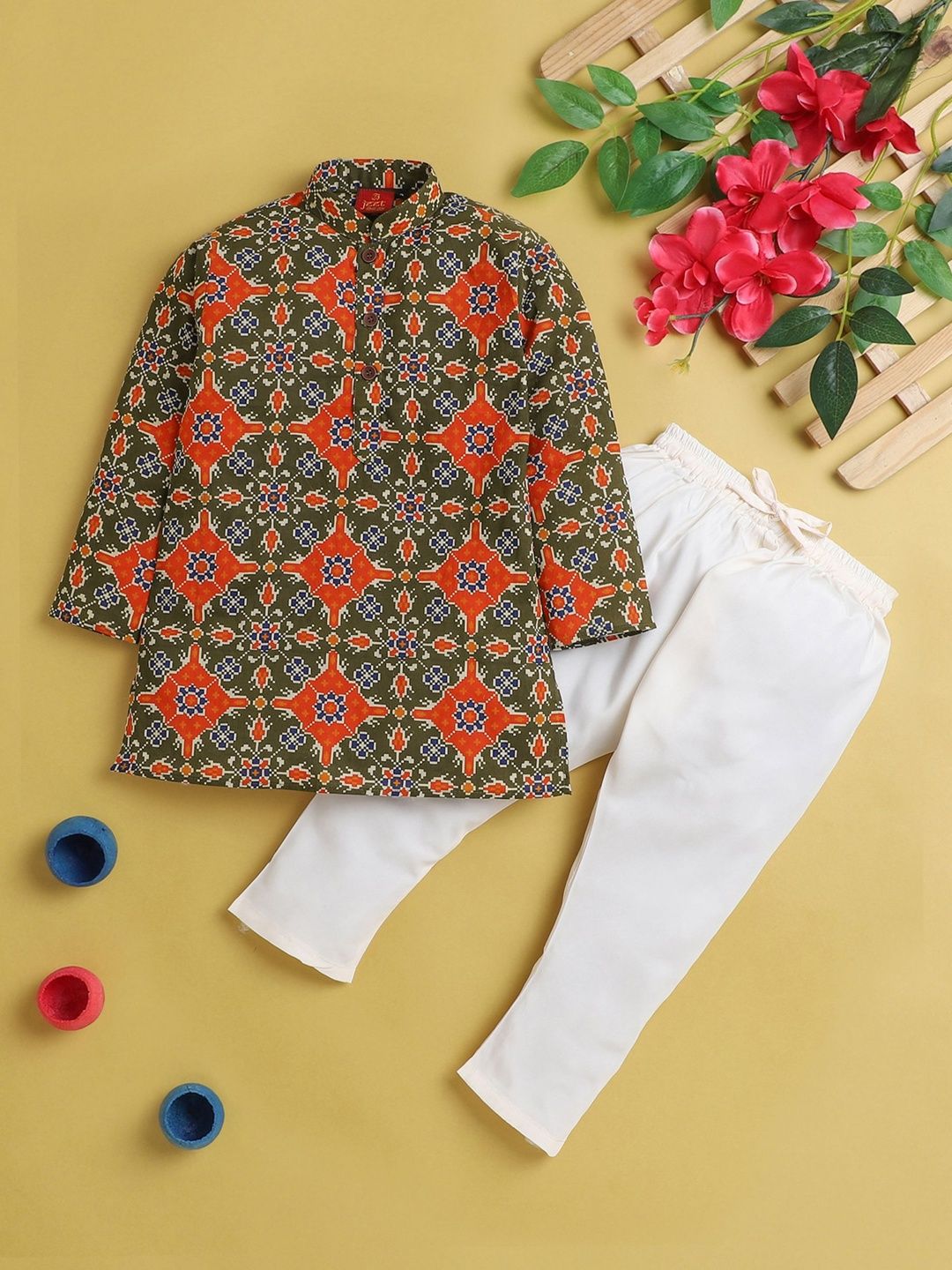 Sangria Boys Printed Mandarin Collar Straight Kurta & Pyjamas Set
