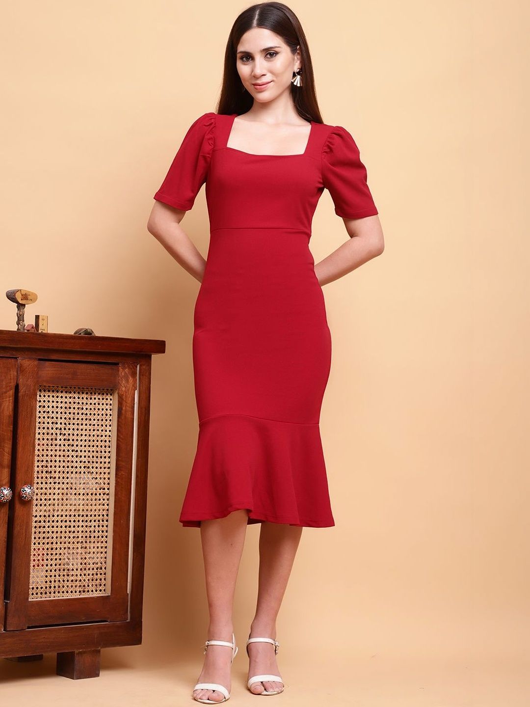 CORSICA Puff Sleeve Fit & Flare Midi Dress