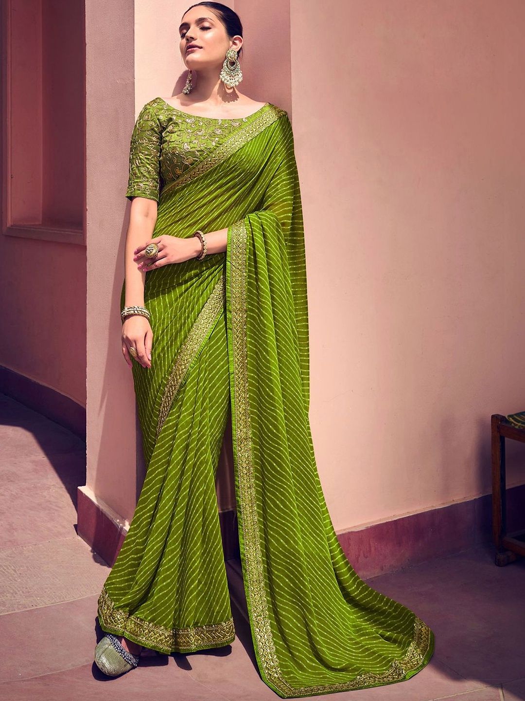SANISA Leheriya Zari Poly Georgette Leheriya Saree