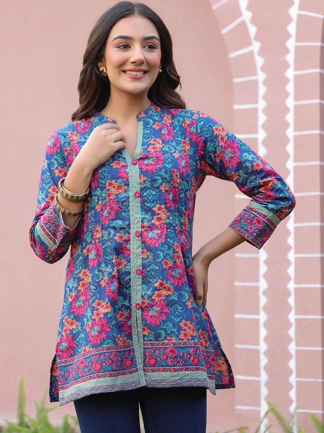 Jaipur Morni Floral Print Mandarin Collar Cotton Top