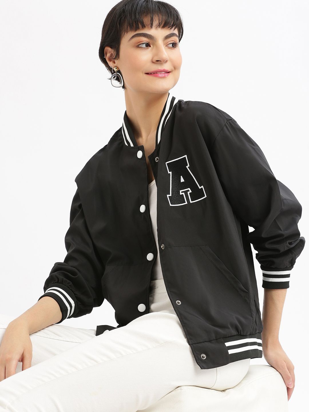 SHOWOFFFF Women Brand Logo Colourblocked Windcheater Varsity Jacket with Embroidered