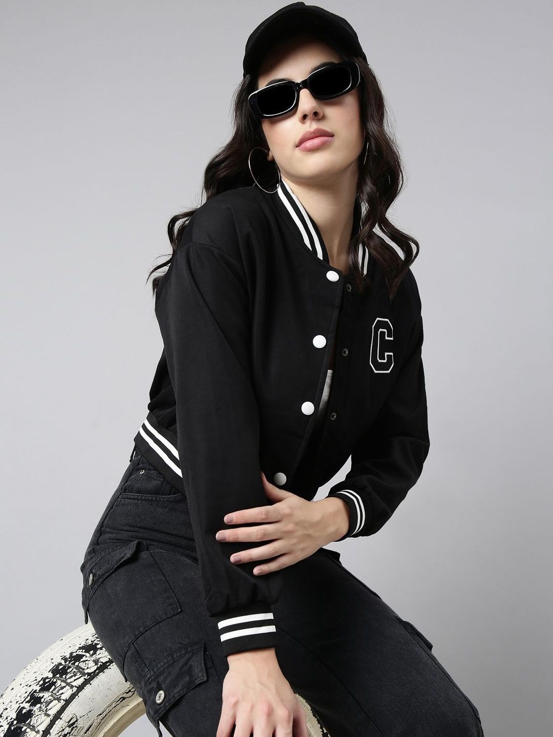 SHOWOFFFF Women Brand Logo Colourblocked Windcheater Varsity Jacket with Embroidered