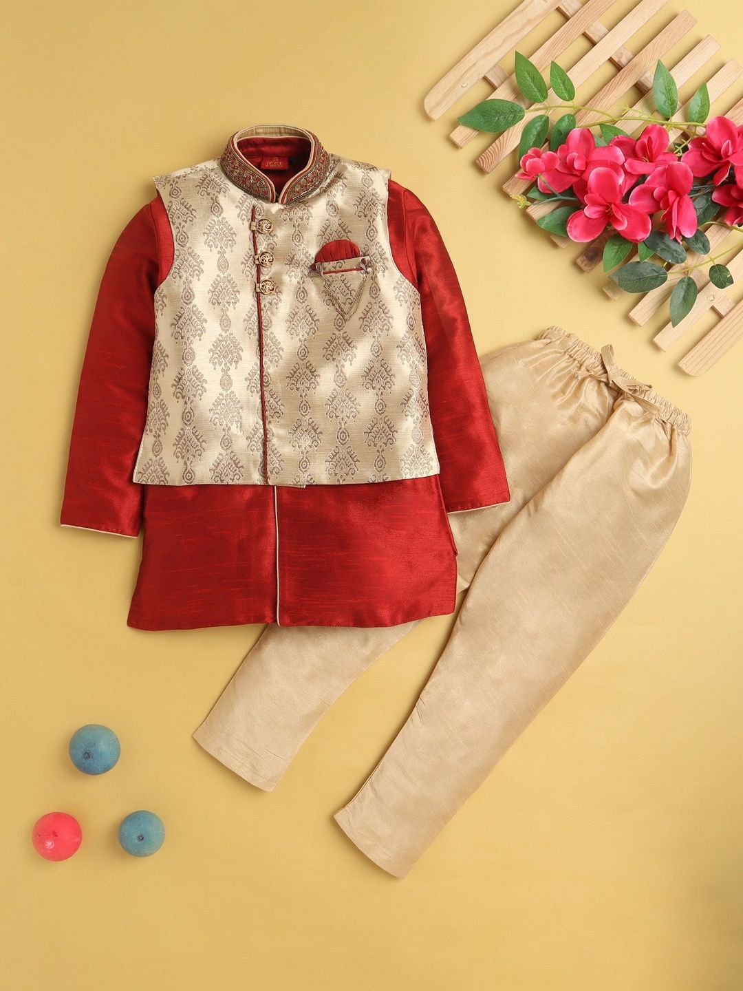 Sangria Boys Embroidered Mandarin Collar Neck Kurta & Pyjama With Waistcoat