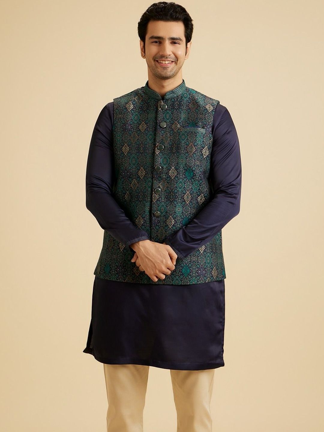 Manyavar Printed Mandarin Collar Nehru Jacket
