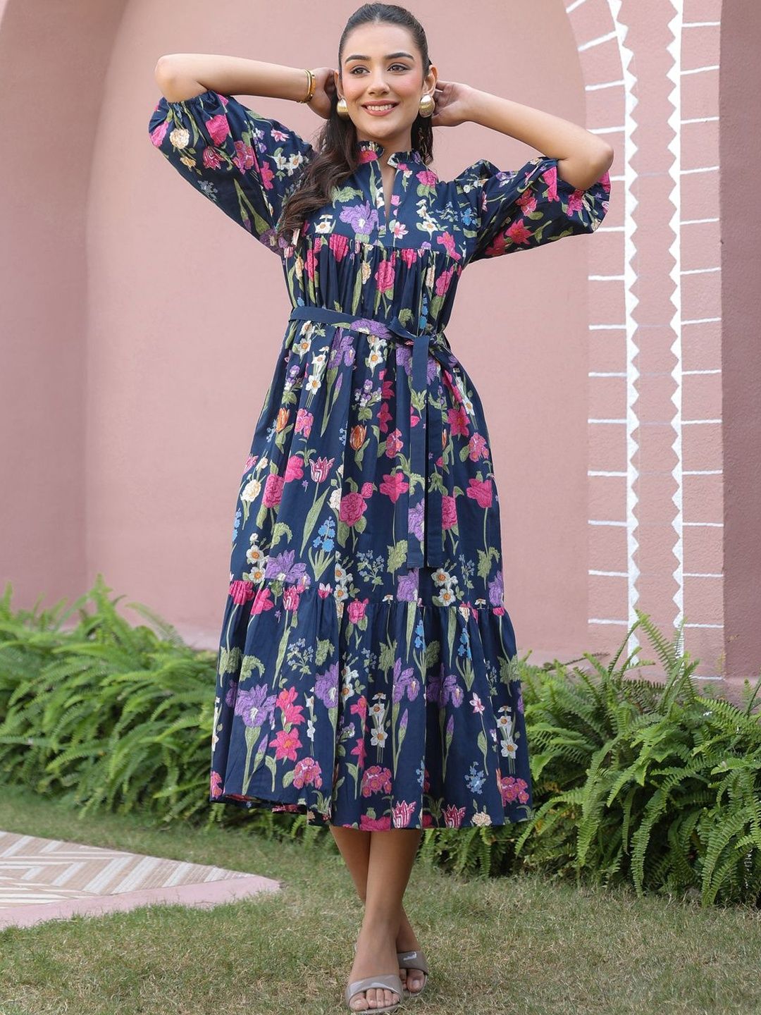 Buy Jaipur Morni Navy Floral Printed Tiered Dress with Mandarin