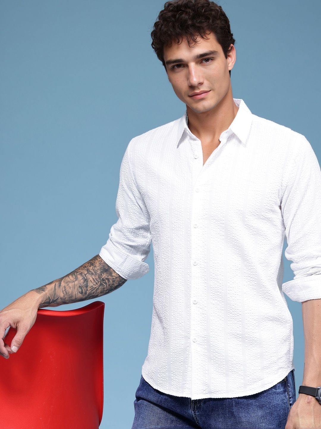 HERE&NOW Slim Fit Seersucker Textured Pure Cotton Casual Shirt