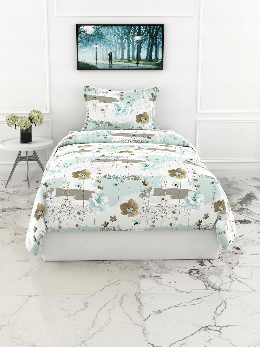 LORETO Green Floral 210 TC Single Bedsheet with 1 Pillow Covers