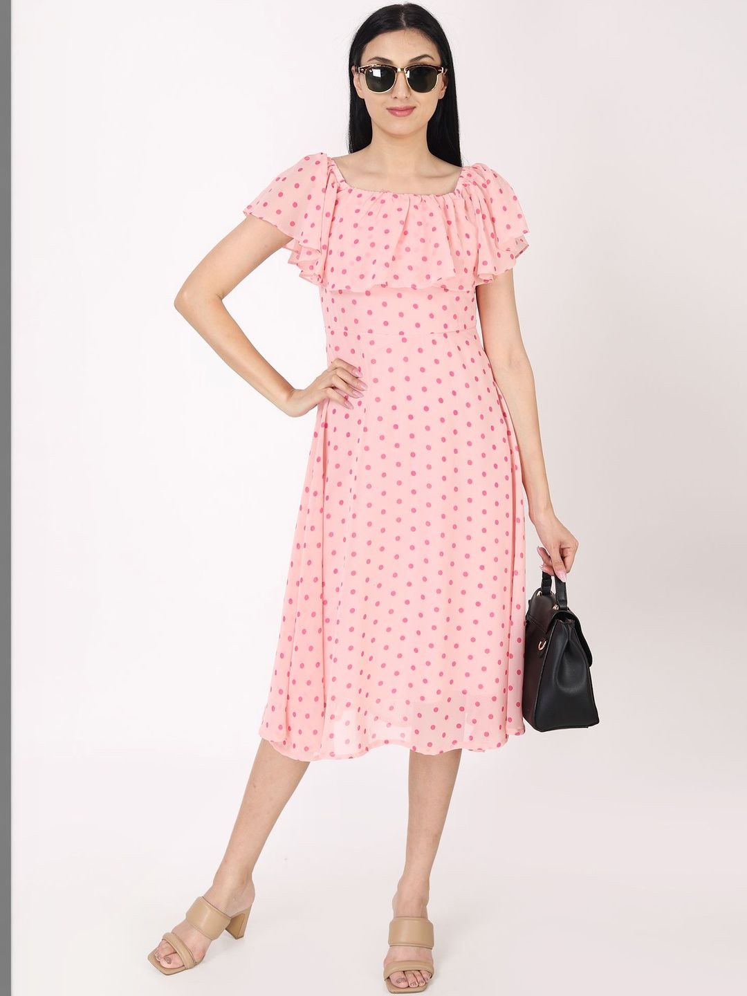 CORSICA Polka Dot Print Flutter Sleeve Ruffled Georgette A-Line Midi Dress
