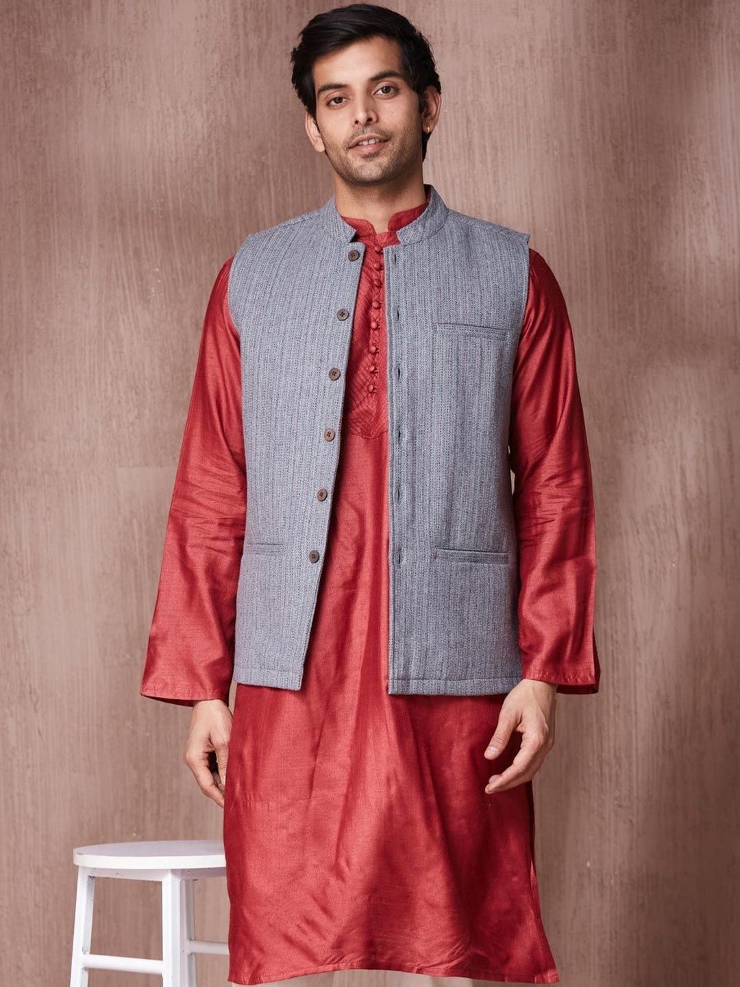 Fabindia Woven Design Wool Mandarin Collar Nehru Jacket