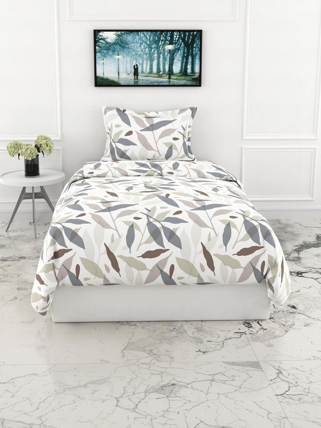LORETO Grey Floral 210 TC Single Bedsheet with 1 Pillow Covers