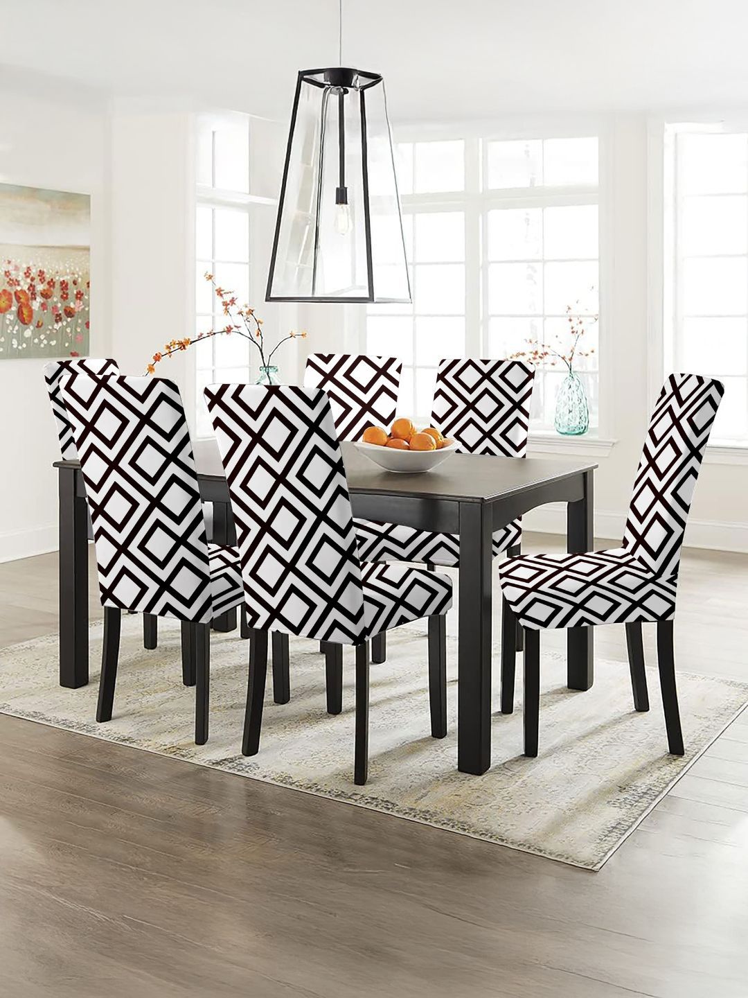 Lazi 200 GSM 6 Pieces White Geometric Printed Dining Chair Covers