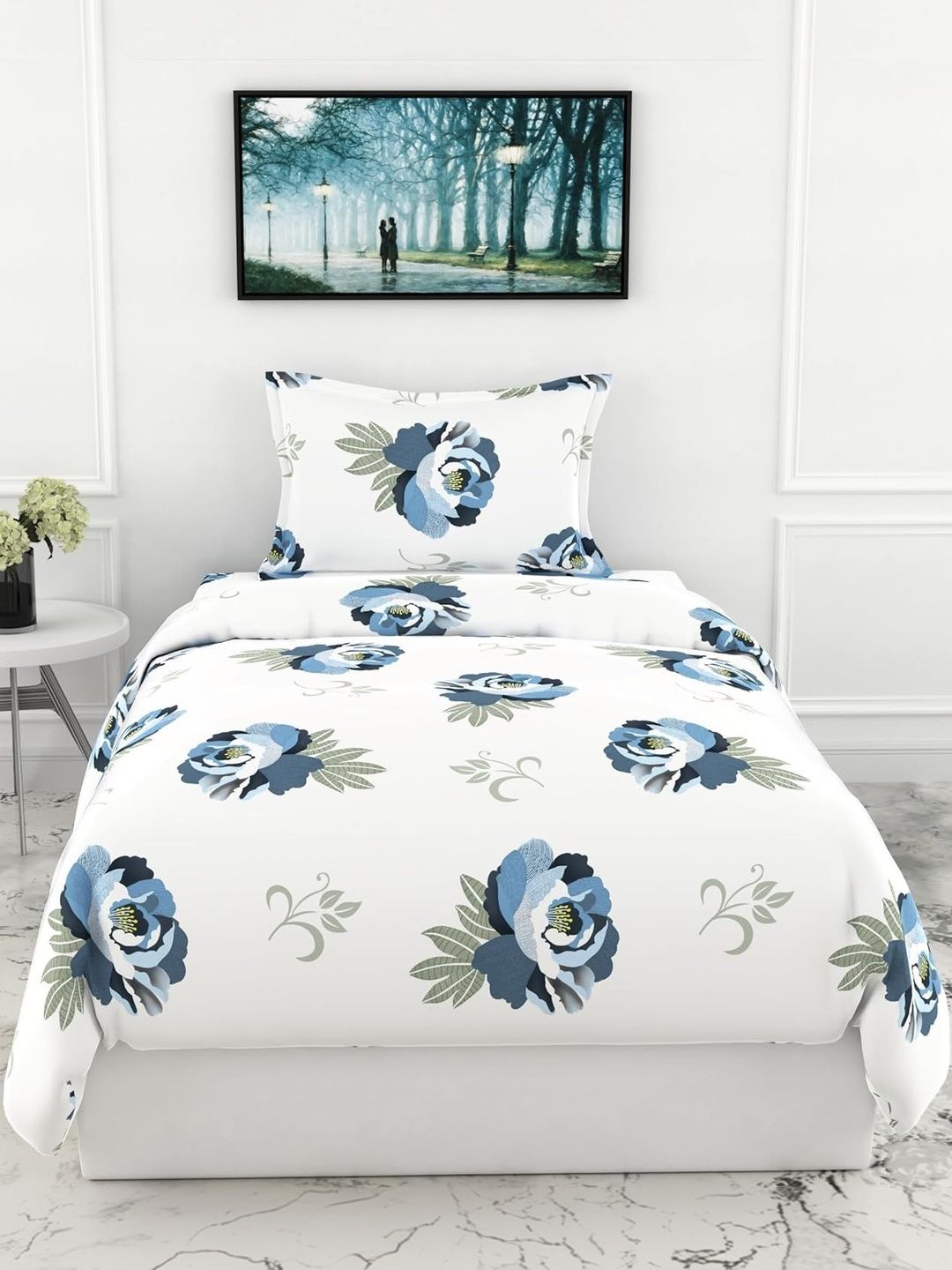 LORETO Navy Blue Floral 210 TC Single Bedsheet with 1 Pillow Covers