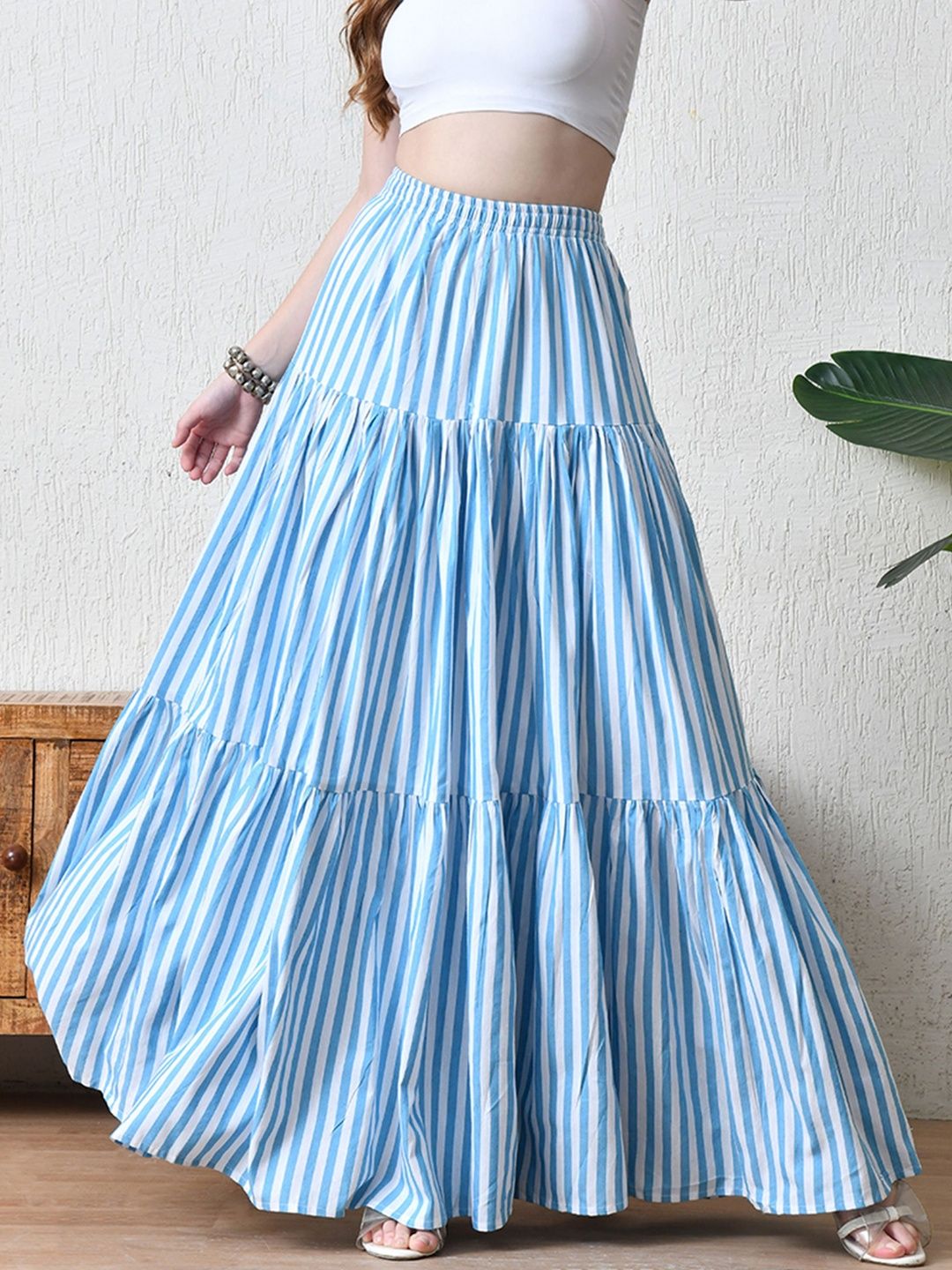 YANAMORA Striped Pure Cotton Maxi Flared Skirts