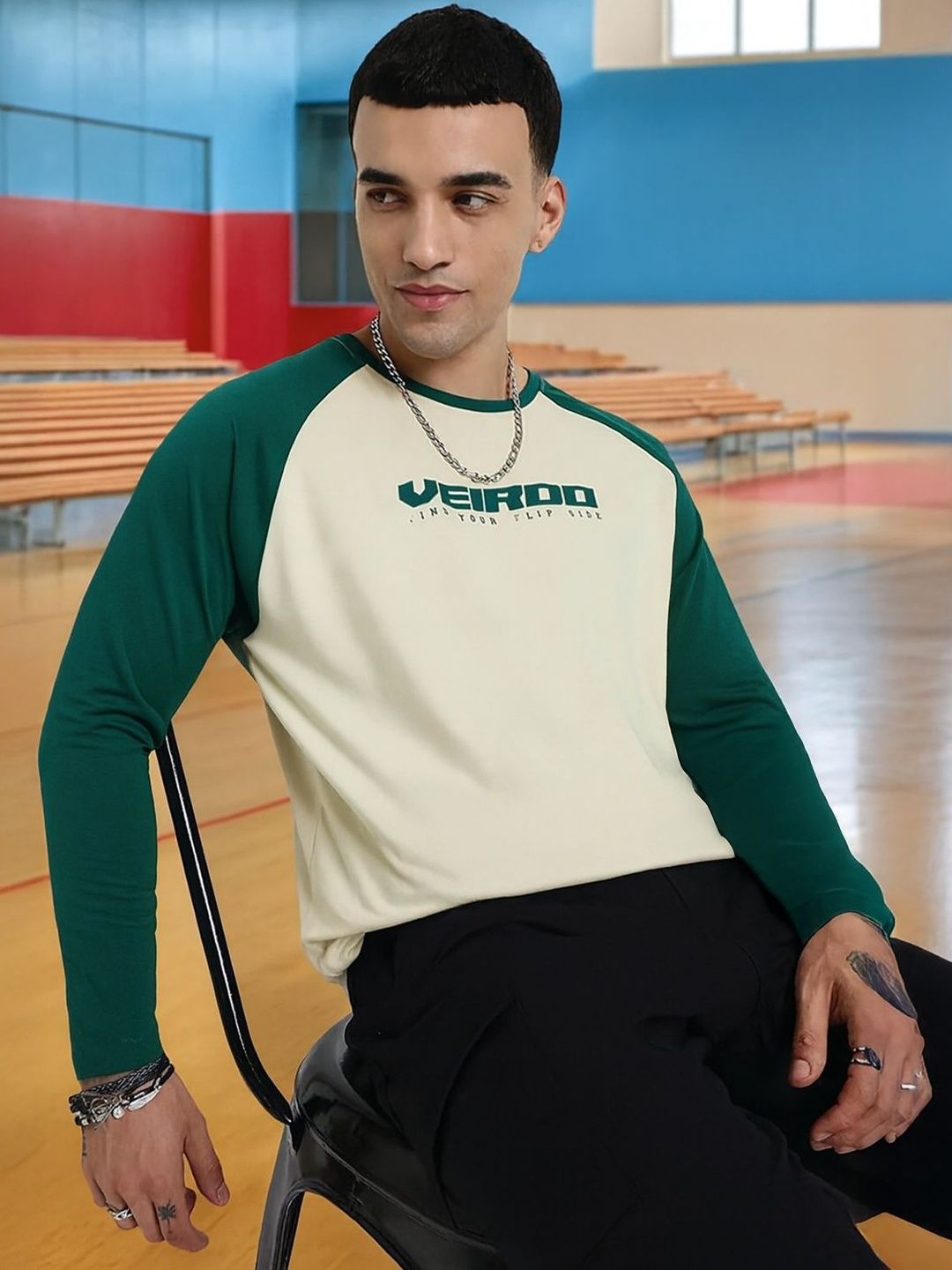 VEIRDO Typography Pure Cotton Round Neck Long Sleeves T-shirt