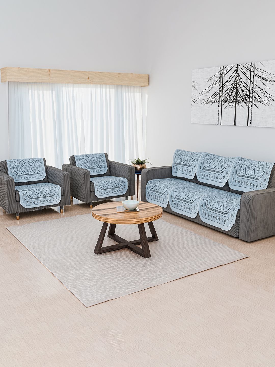 Aura Grey Geometric Cotton Anti Slip 5 Pieces Straight 2 Seater Sofa Cover 70 cm x 1.5 m