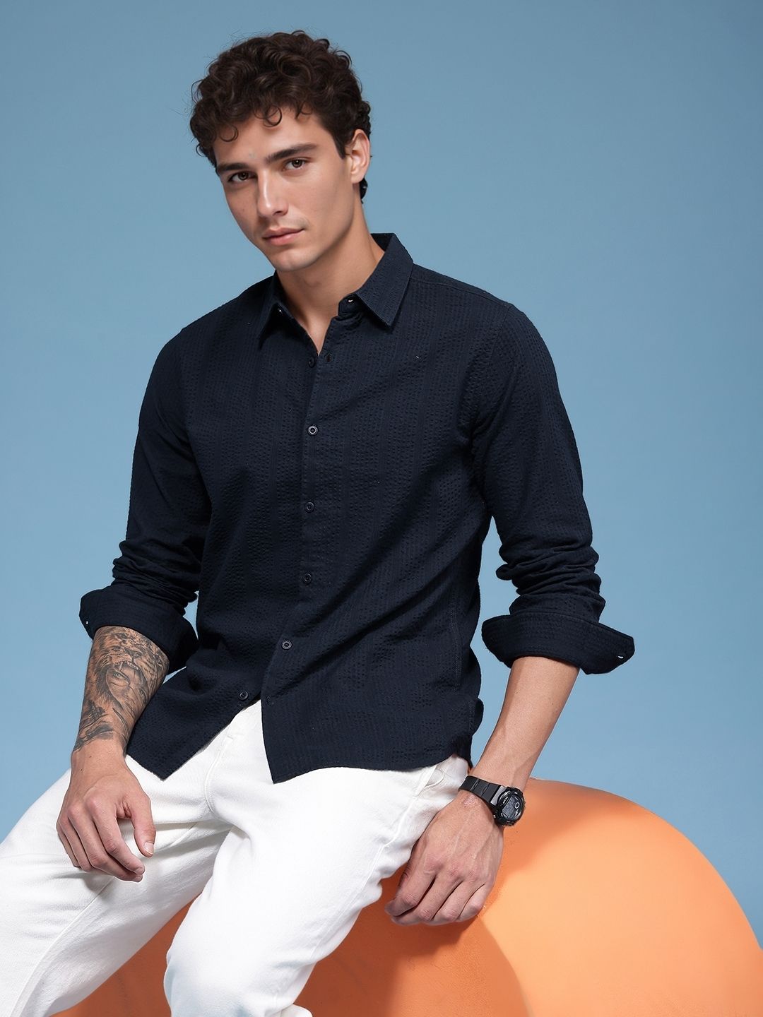 HERE&NOW Slim Fit Seersucker Pure Cotton Casual Shirt