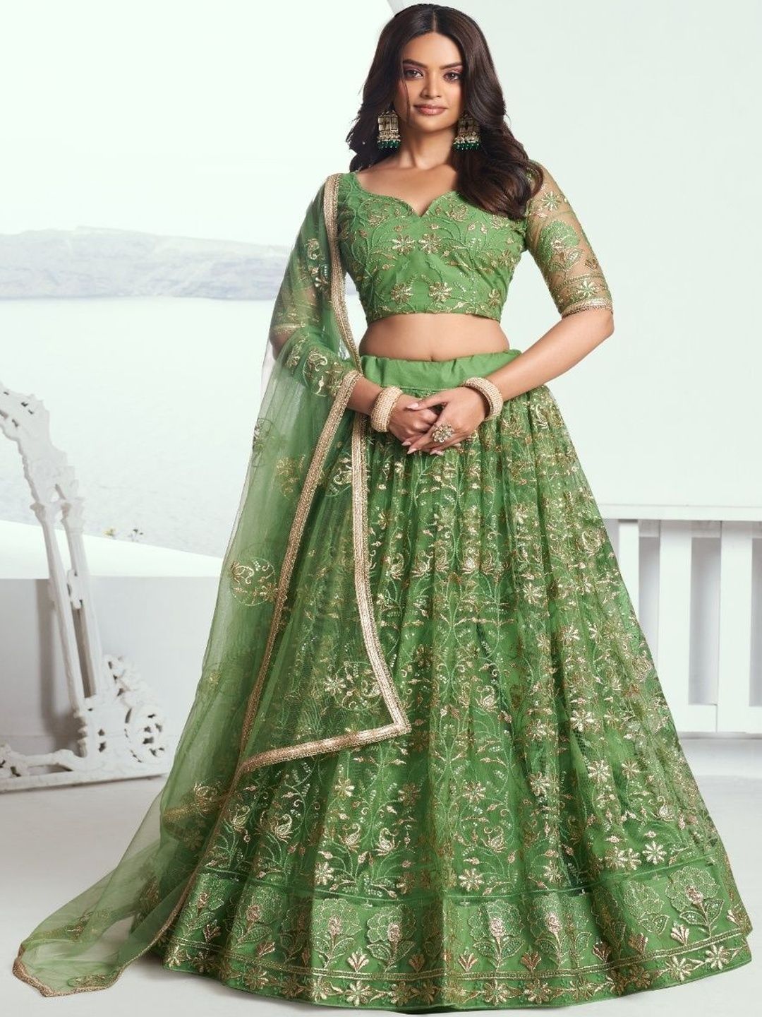 Ethniqlo Pista Green Embroidered Party Wear Lehenga Choli