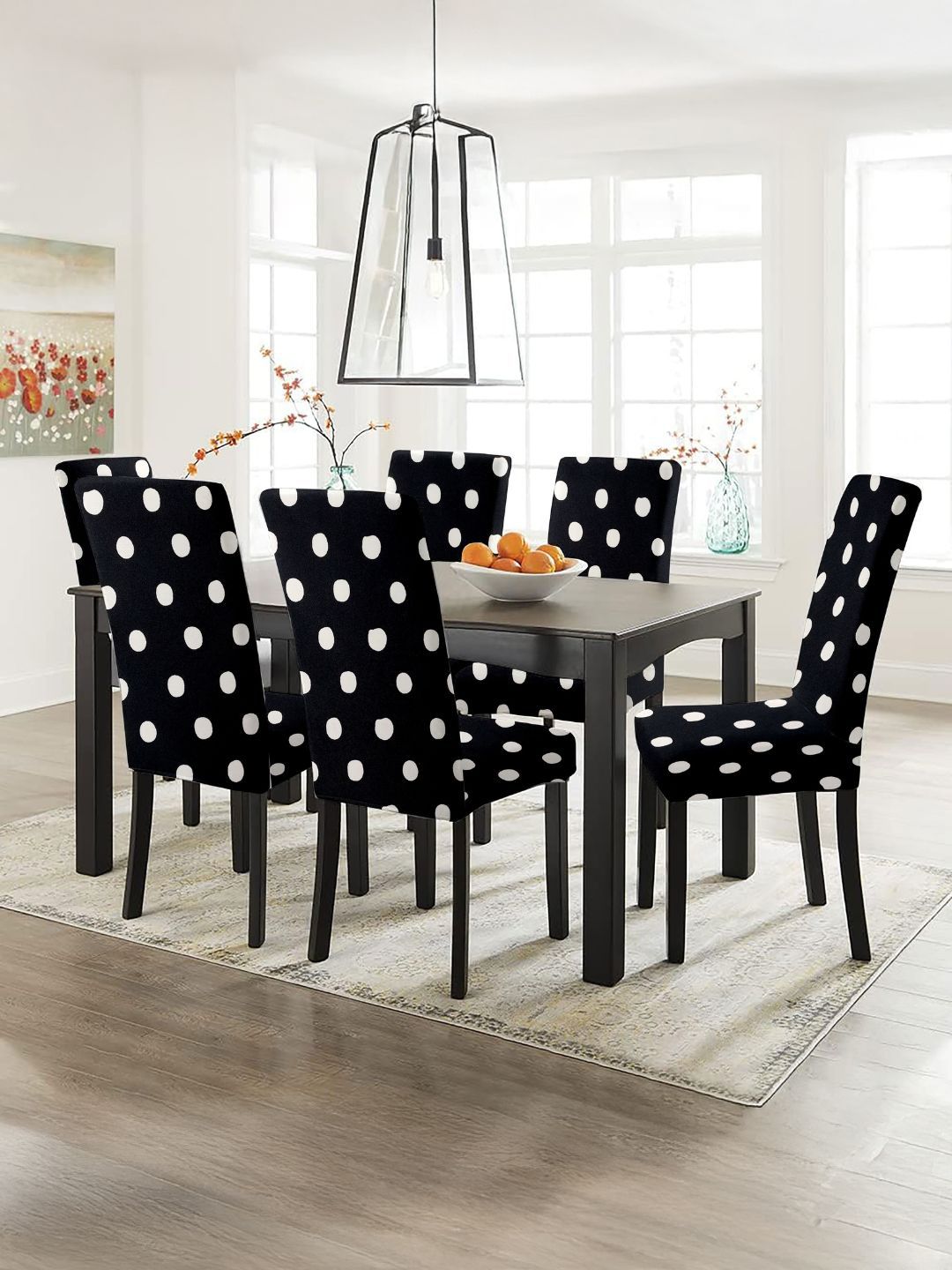Lazi 200 GSM 6 Piece Black & White Printed Polka Dot Stretchable Dining Chair Cover