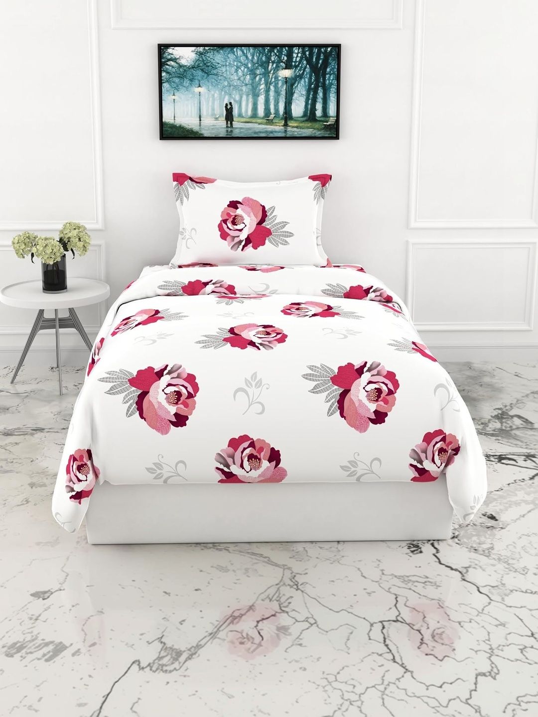 LORETO Rose Floral 210 TC Single Bedsheet with 1 Pillow Covers