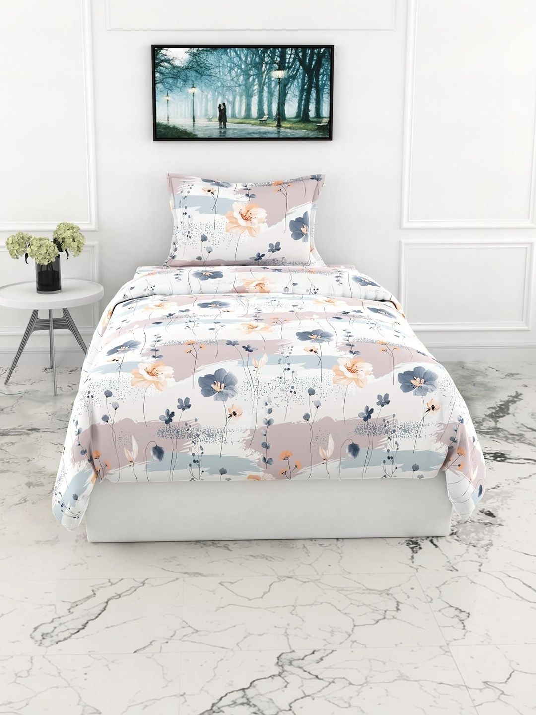 LORETO White Floral 210 TC Single Bedsheet with 1 Pillow Covers