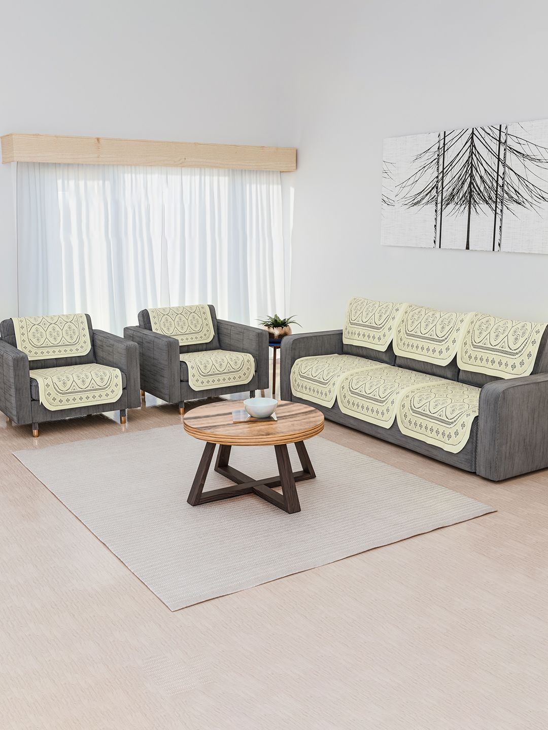Aura Cream Geometric Cotton Anti Slip 10 Pieces Straight 5 Seater Sofa Cover 70 cm x 1.5 m