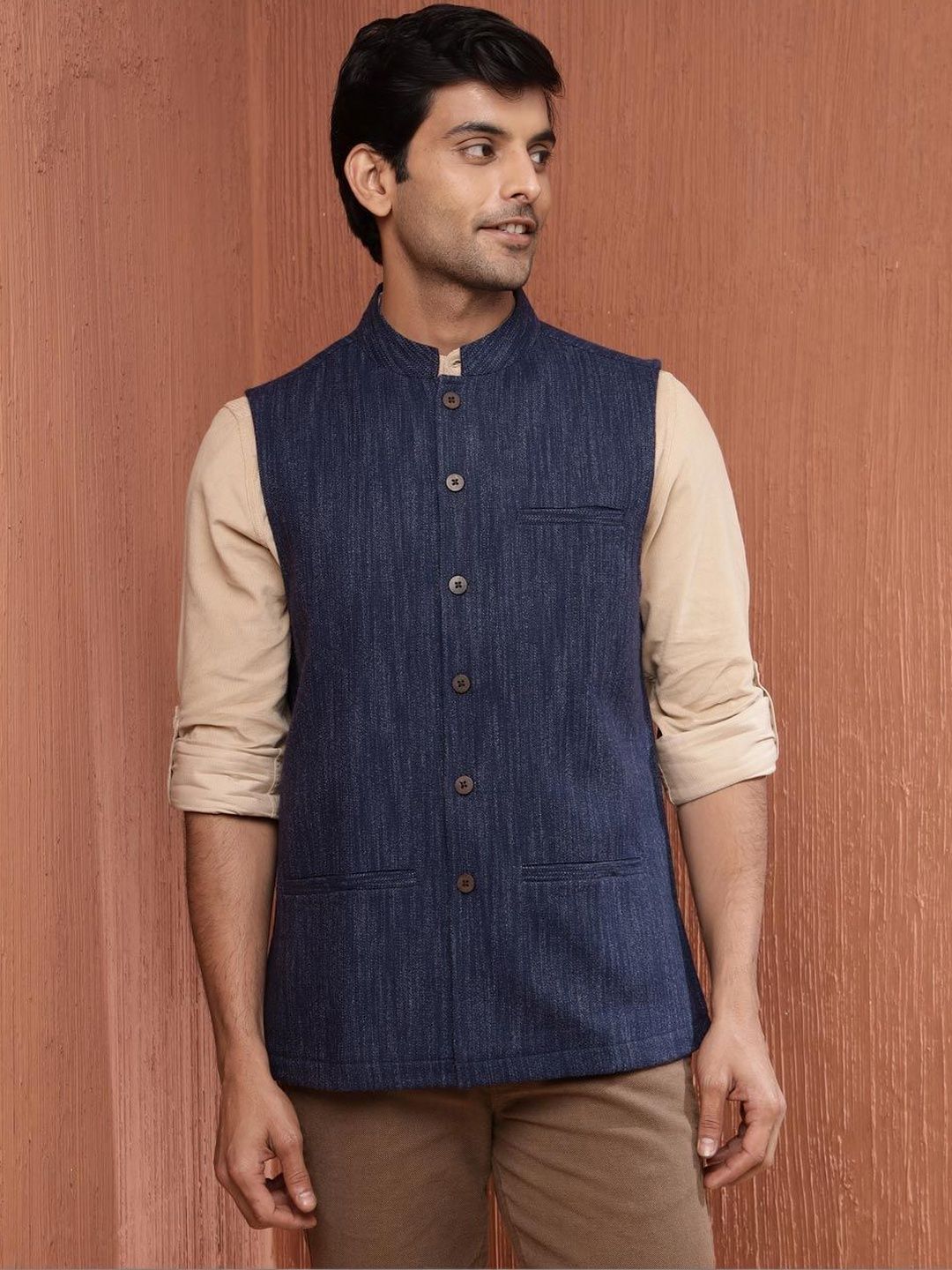 Fabindia Woven Design Woolen Mandarin Collar Nehru Jacket