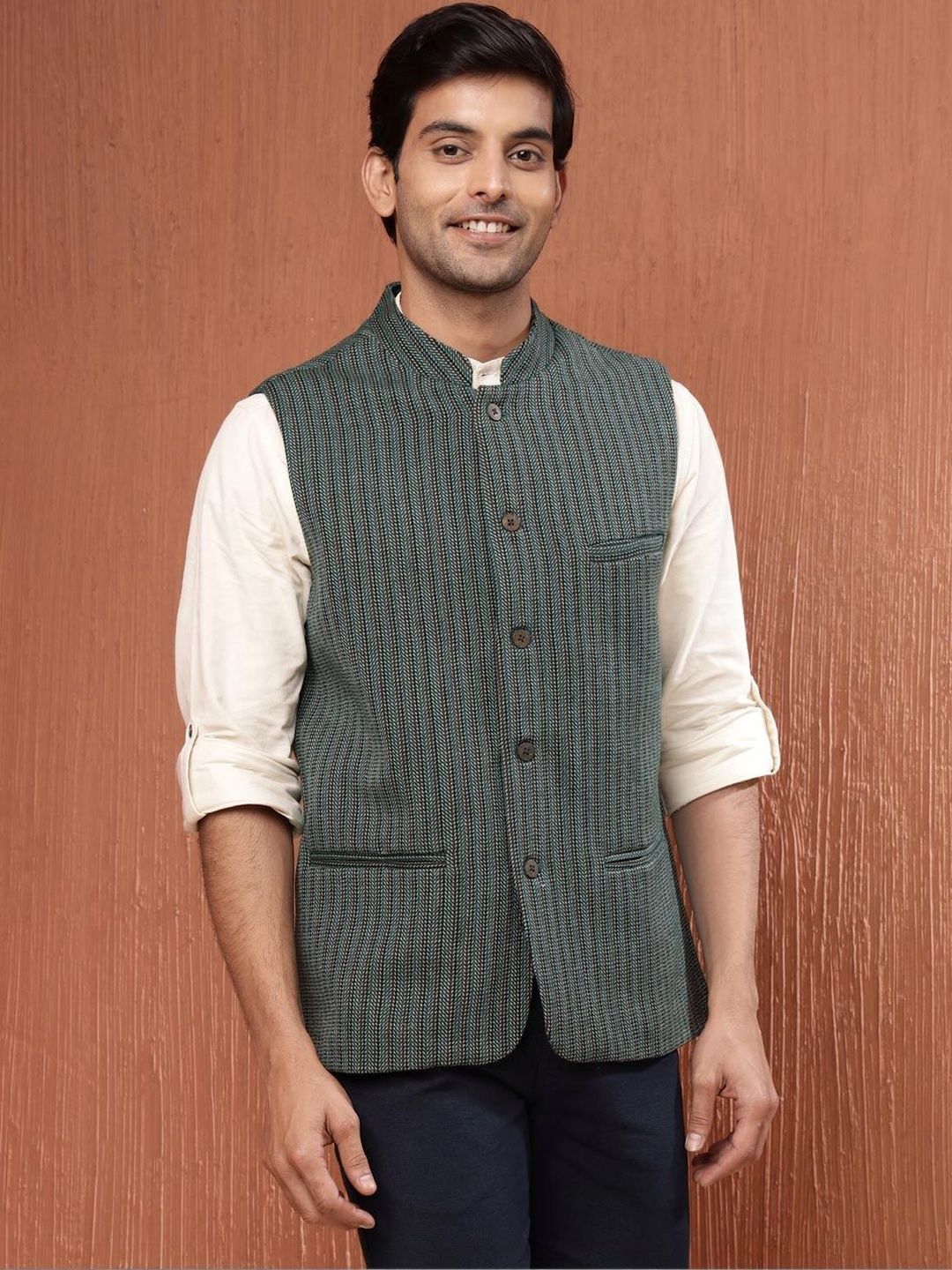 Fabindia Woven Design Pure Wool Woven Nehru Jacket