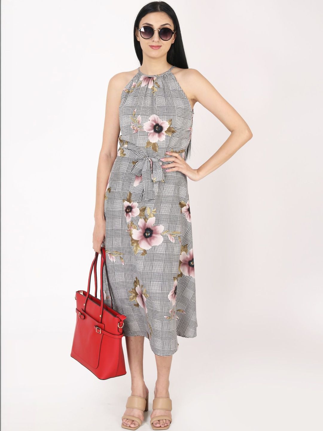 CORSICA Floral Print Halter Neck Crepe Fit & Flare Midi Dress