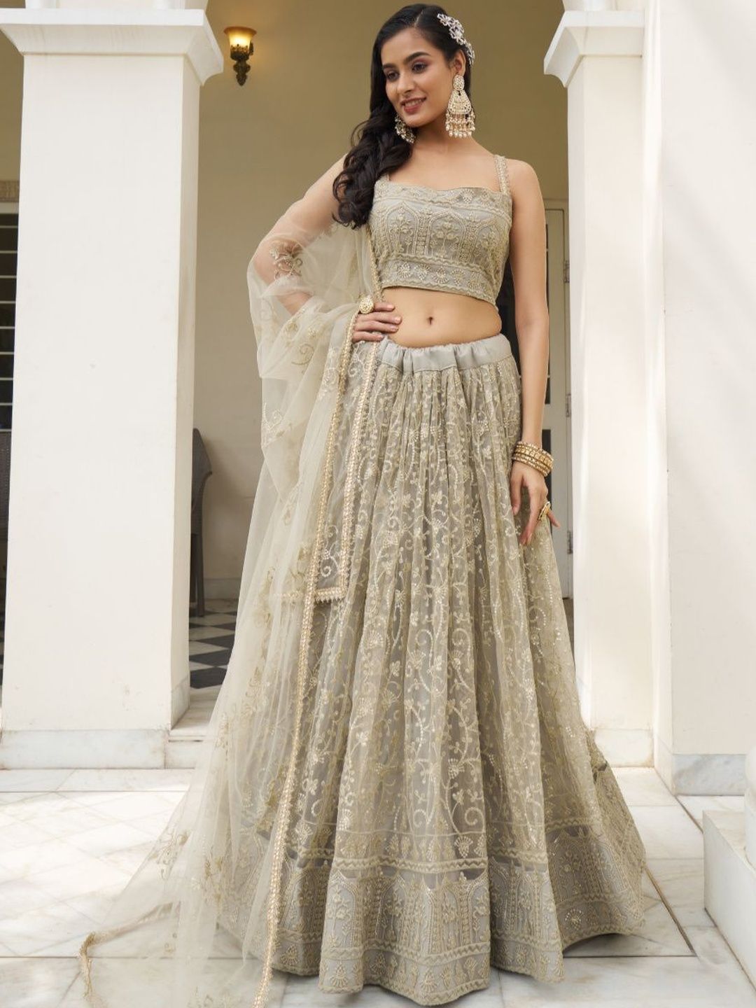 EthniQlo Grey Thread Embroidered Lehenga Choli