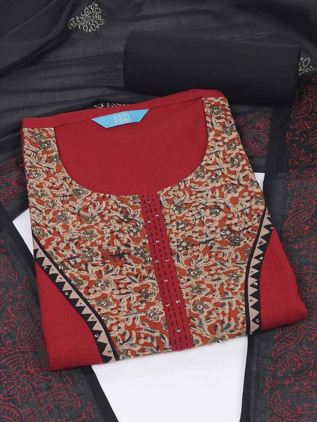 KAMI KUBI Floral Printed Sequinned Pure Cotton Unstitched Dress Material