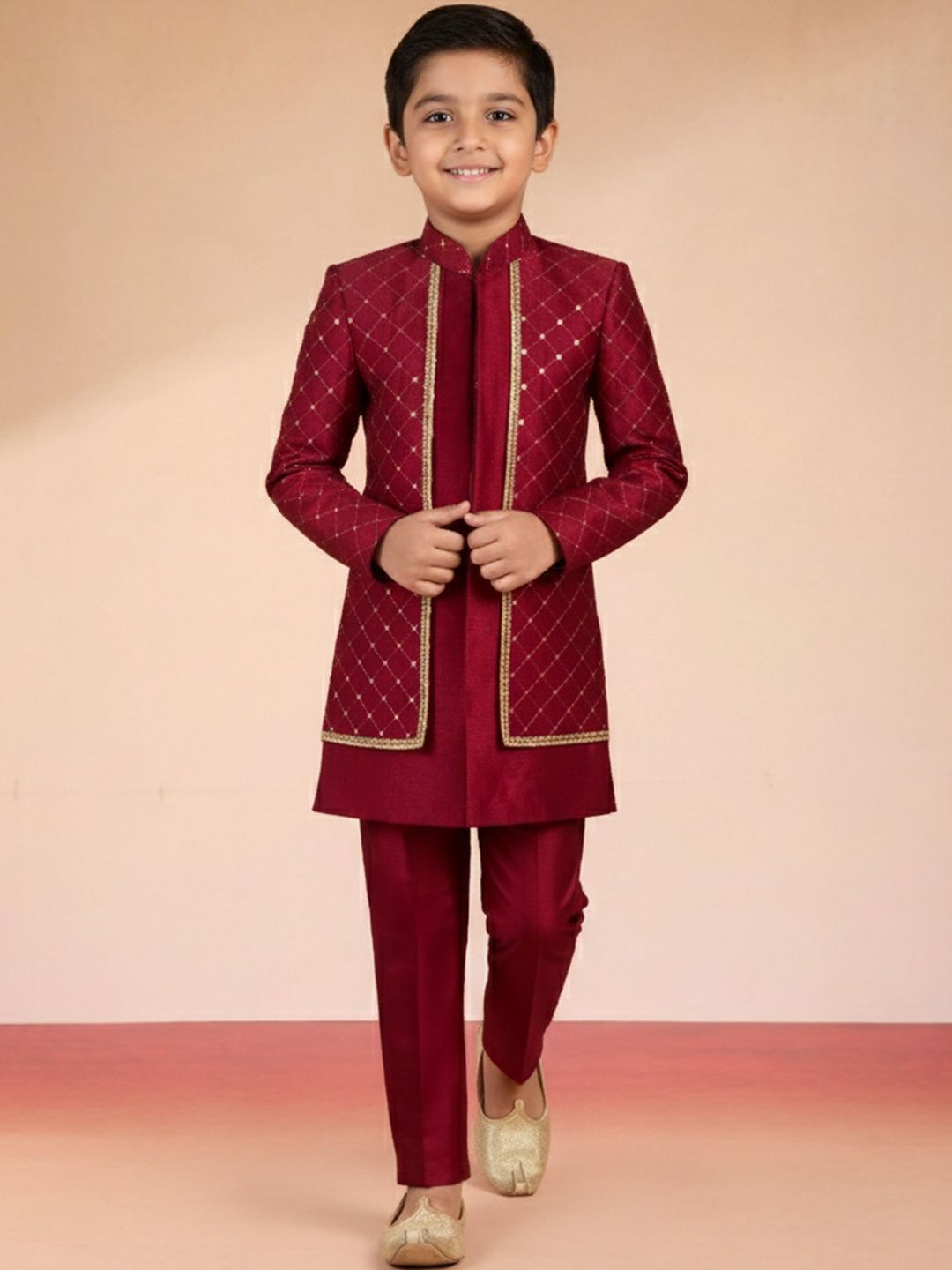 VASTRAMAY Boys Embroidered Mandarin Collar Sherwani With Trouser Offers & Cashback