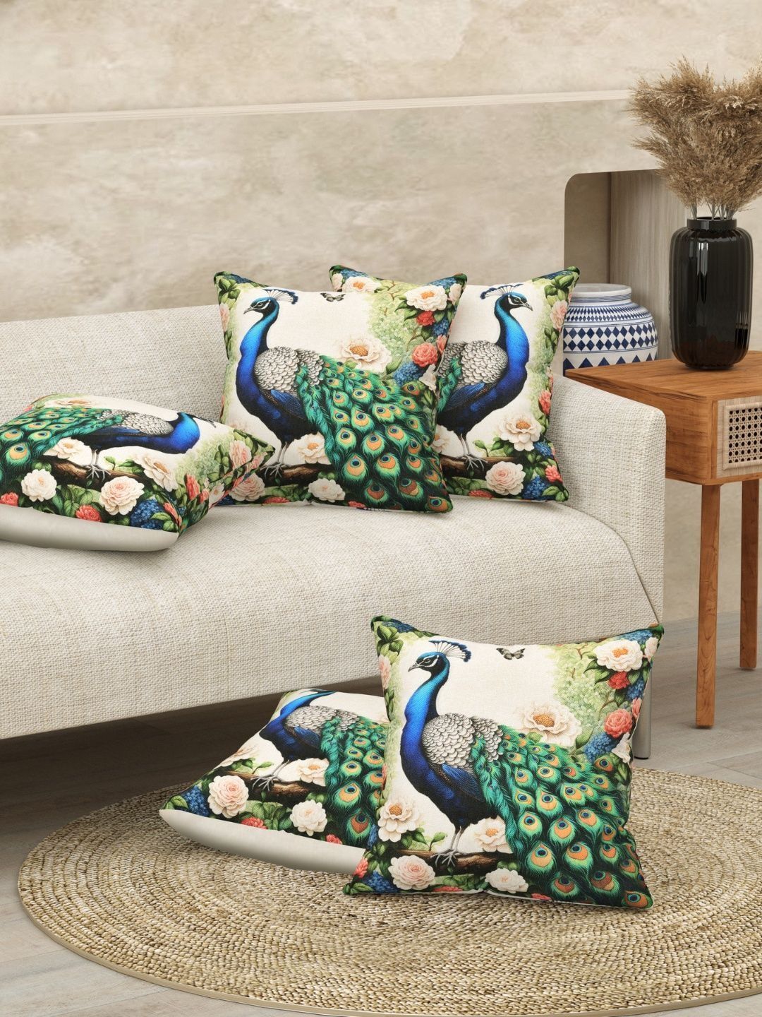 JAIPUR FABRIC Beige & Green Set of 5 Square Cushion Covers