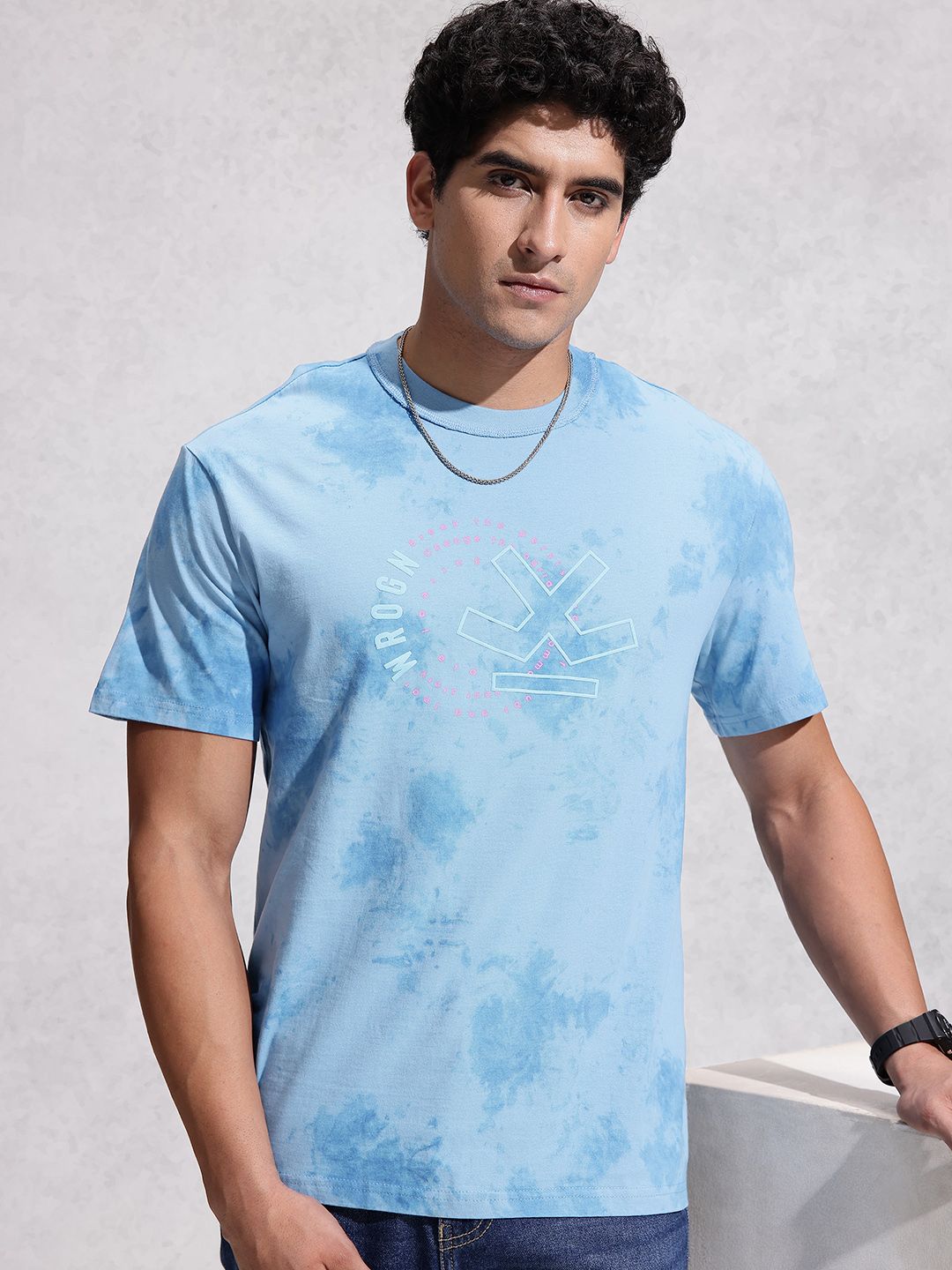 WROGN Oversized Fit Brand Logo Printed Dyed Effect Pure Cotton T-shirt