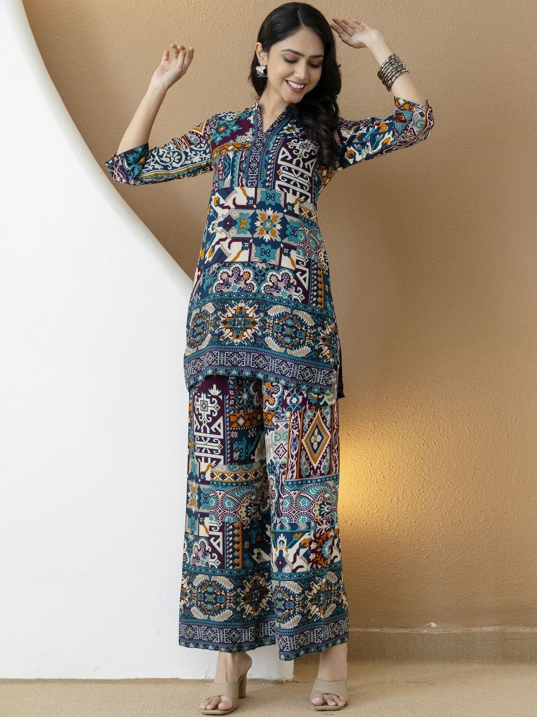 CORSICA Printed Mandarin Collar Tunic & Palazzos Co-Ords