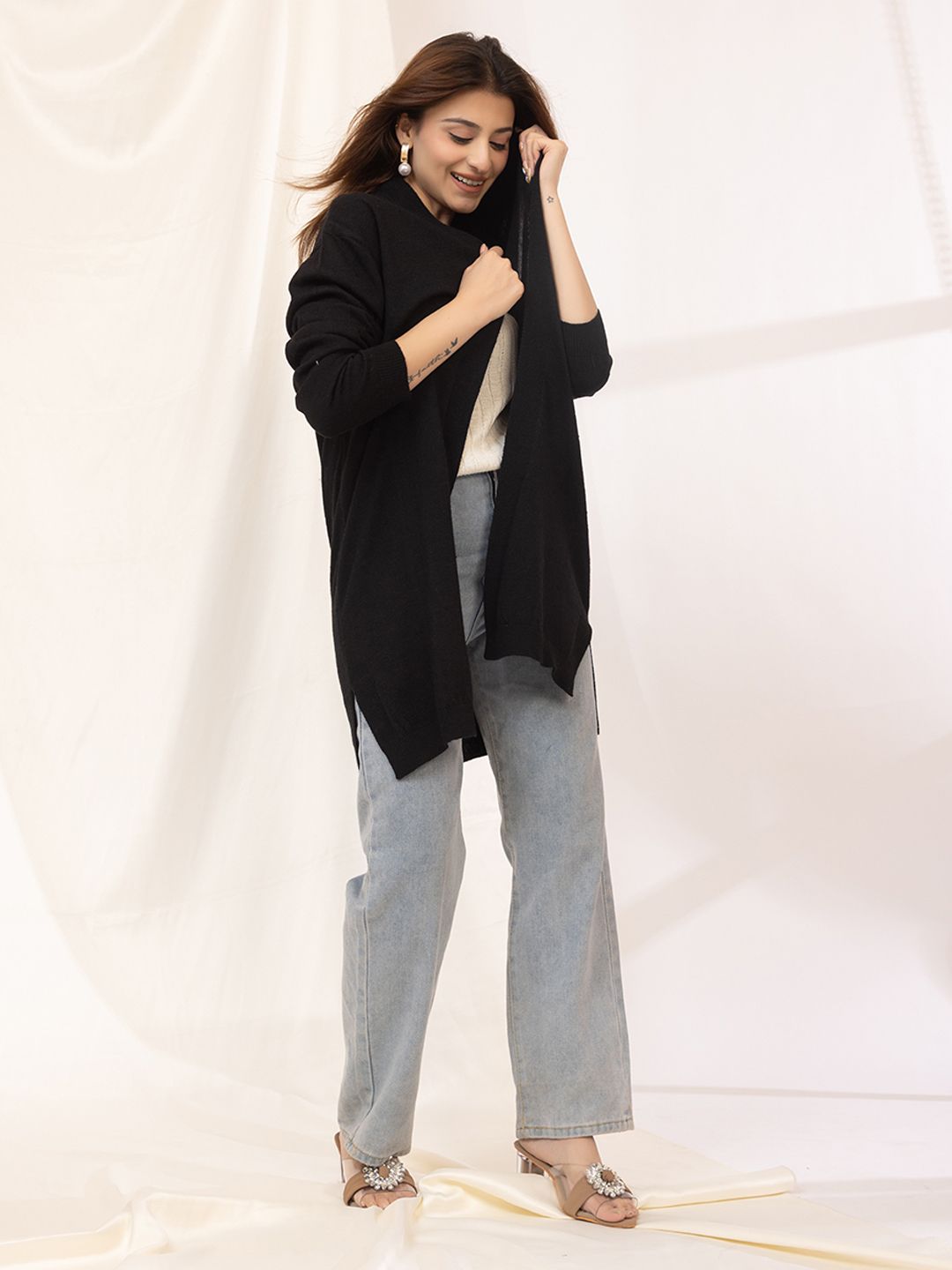 ARMISTO Women Black Woollen Longline Shrug
