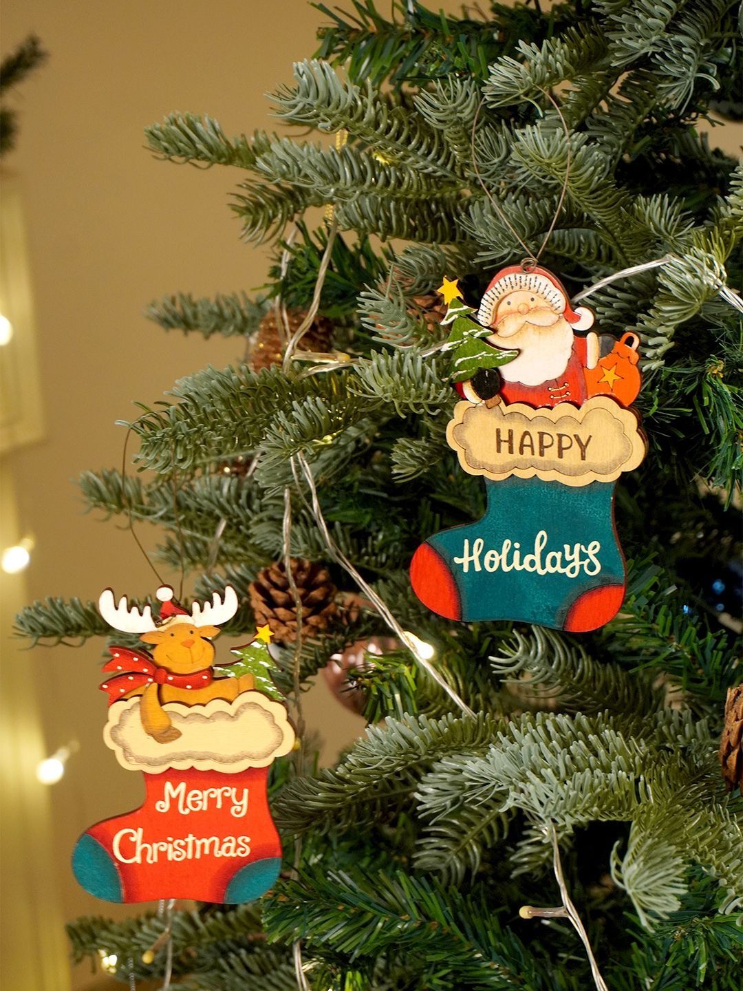 Little Surprise Box LLP 2Pcs Wooden Stockings With Santa & Reindeer Tree Ornaments