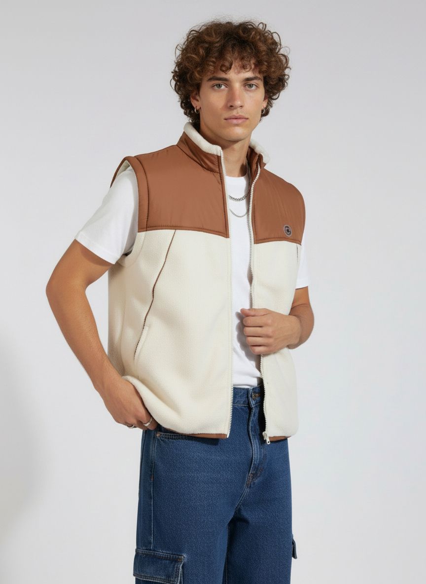 glitchez Fleece Colourblocked Gilet Jacket with Contrast Piping Details