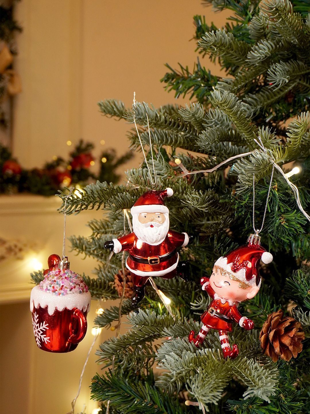 Little Surprise Box 3Pcs Shiny Santa, Elf & Marshmallow Mug Christmas Tree Ornaments