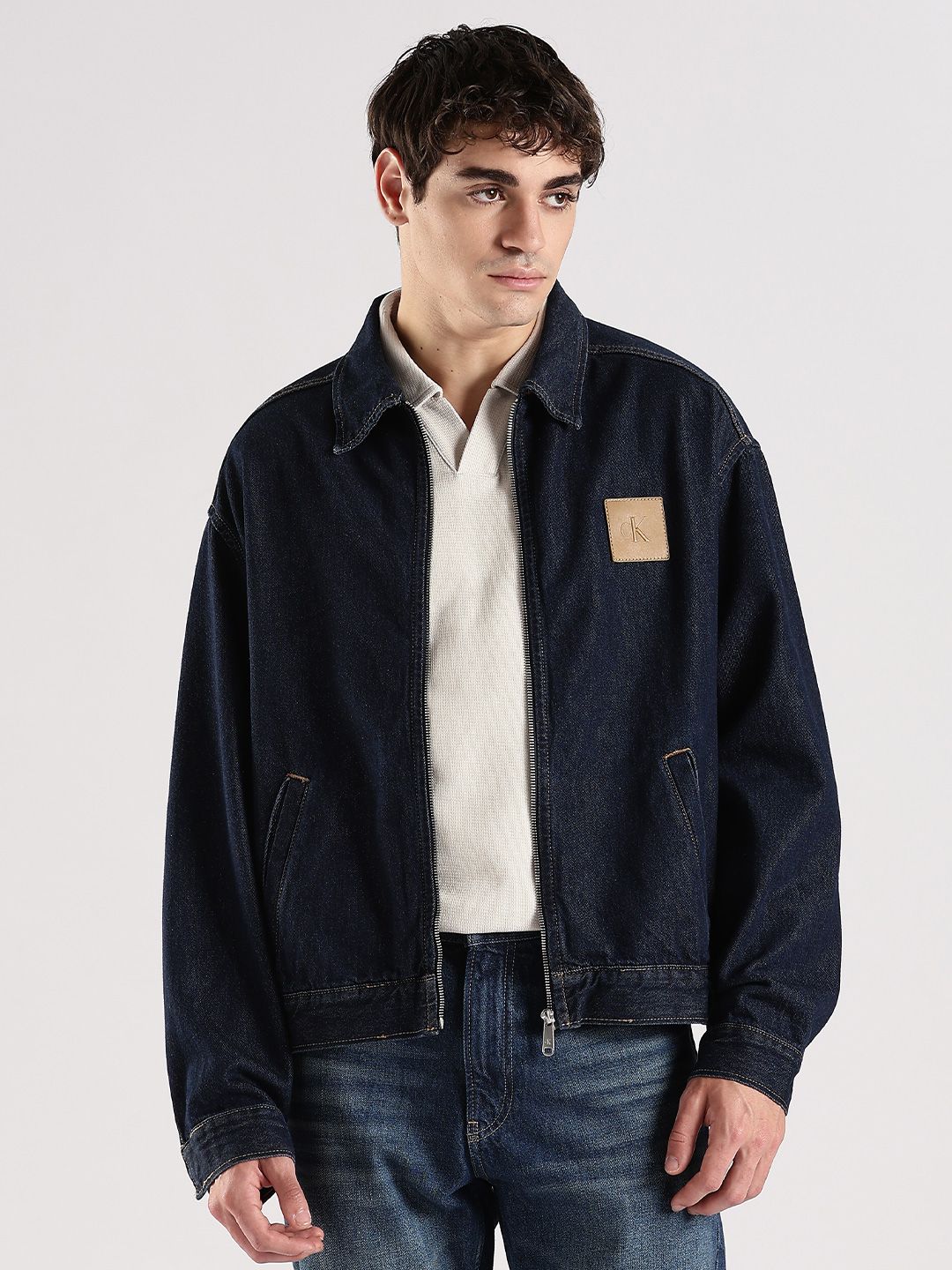 Calvin Klein Jeans Men Spread Collar Solid Cotton Casual Denim Jacket