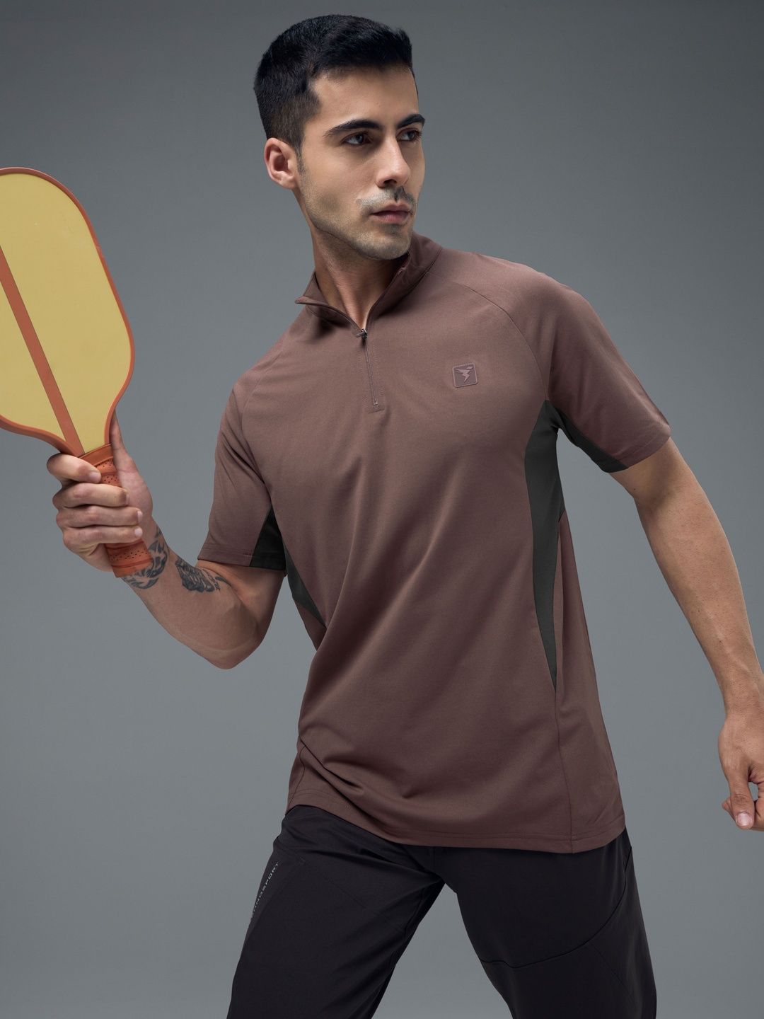 Technosport Men Brand Logo Colourblocked High Neck Anti Static Slim Fit T-shirt
