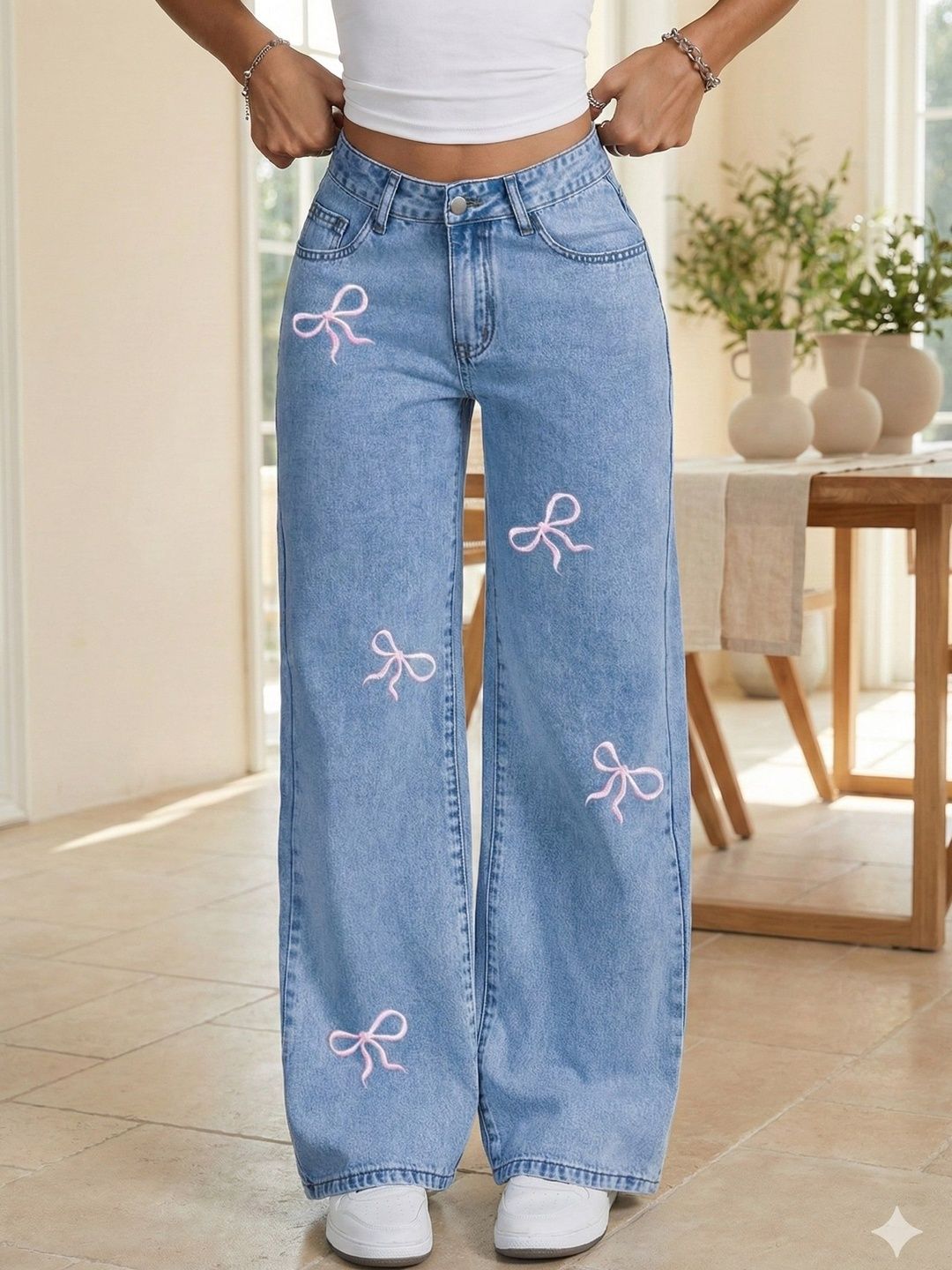 VBEAUTI Women Comfort Wide Leg High-Rise Embroidered Stretchable Jeans