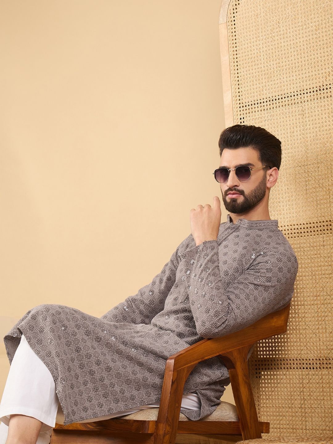 House of Pataudi House of Pataudi Geometric Embroidered Mandarin Collar Sequinned Straight Kurta & Trousers