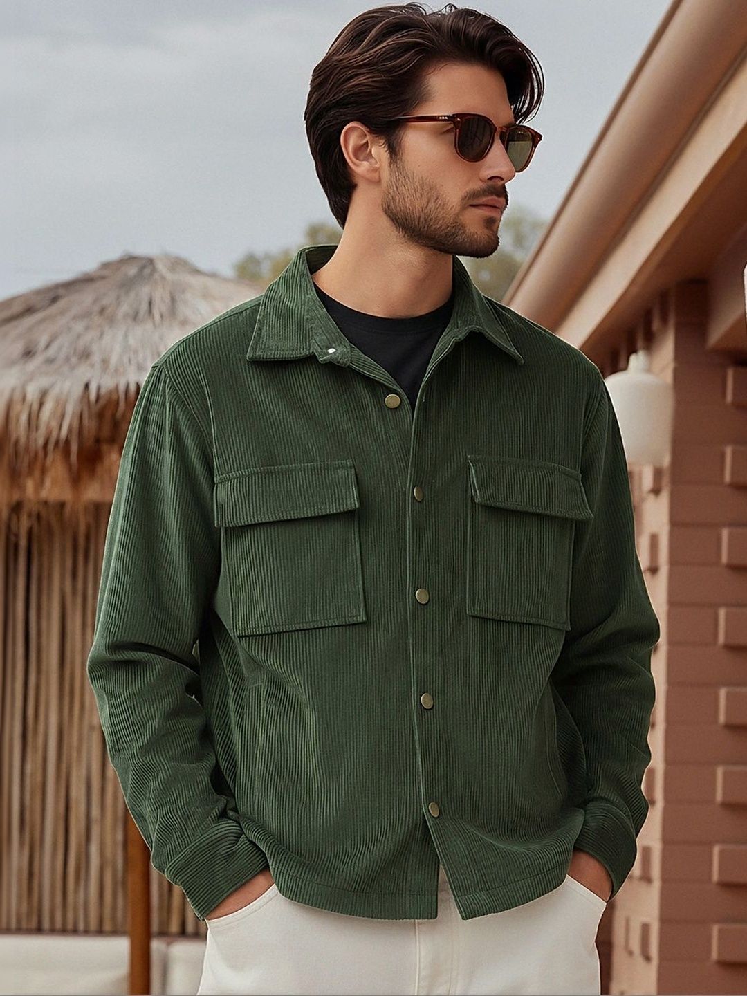 Bewakoof Men Dark Olive Green Corduroy Jacket