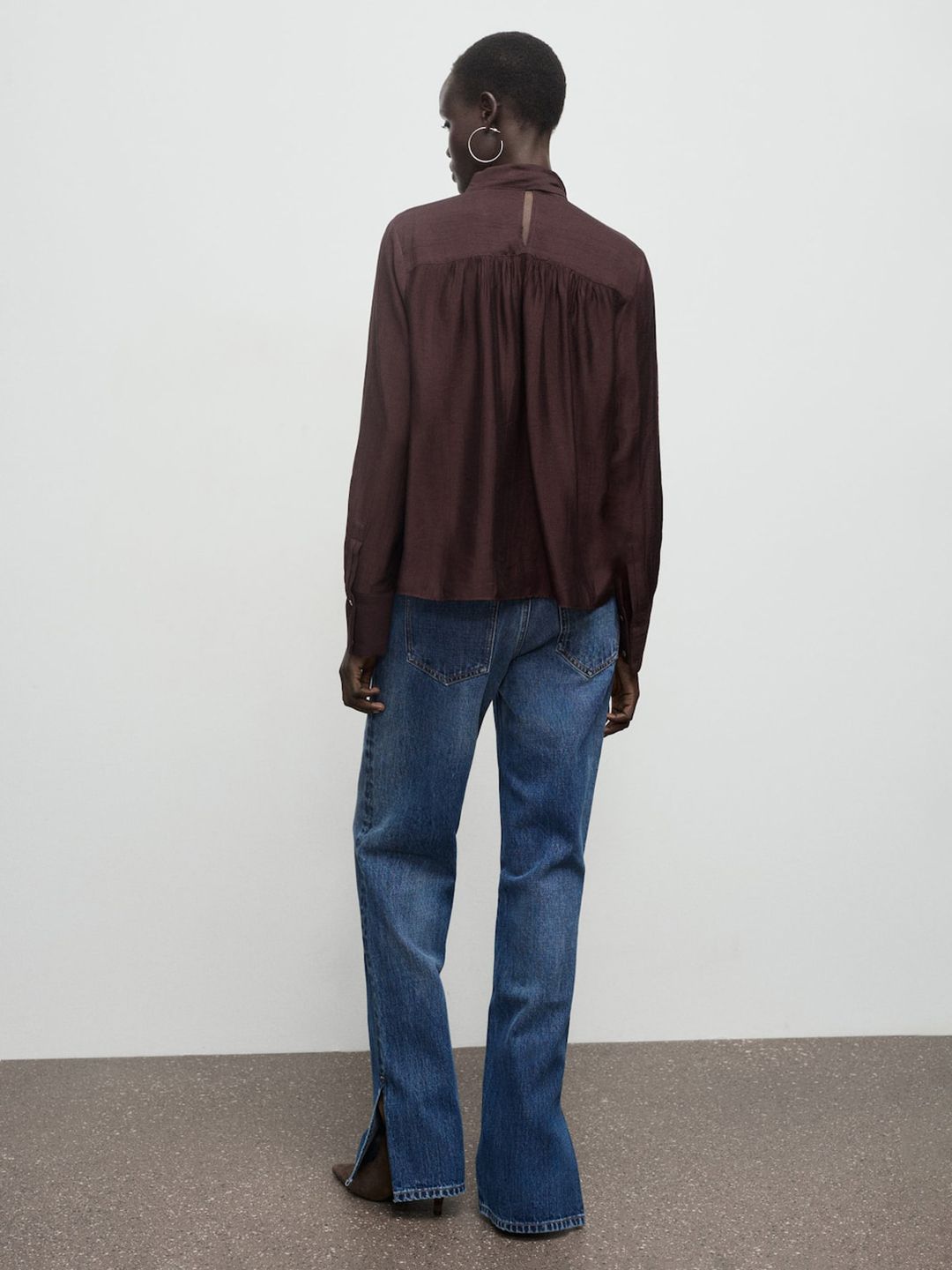 Textured Cuffed Sleeves Gathers Scarf Neck Top